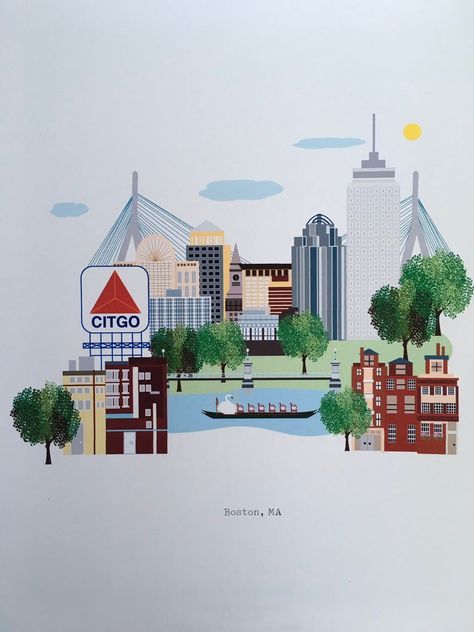 Big Boston | Etsy College Wall Prints, Boston Drawing, Boston Painting Ideas, Boston Painting, Boston Drawing City, Boston Skyline Drawing, Boston Sketch, Boston Illustration, Boston Illustration City