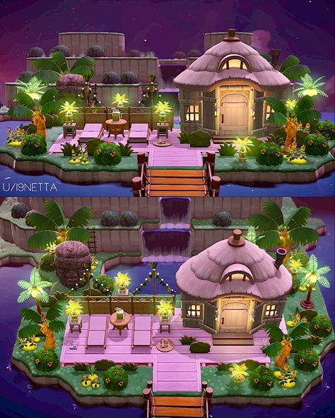 Acnh Jungle House, Animal Crossing Jungle, Acnh Hhp Exterior, Acnh Tropical Design Code, Animal Crossing Tropical Island, Acnh Tropical Island Ideas, Jungle Acnh, Acnh Tropical, Cottagecore Animal Crossing