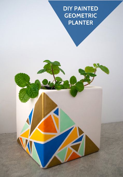 Easy #DIY Planter Project | Geometric Planter Tutorial from @Kathy Beymer from Merriment Design | Supplies available at Jo-Ann Fabric and Craft Stores or Joann.com | #craftmonthlove Painted Planter, Geometric Planter, Plant Crafts, Painted Pots Diy, Painted Plant Pots, Monthly Crafts, Diy Plant Stand, Painted Flower Pots, Concrete Crafts