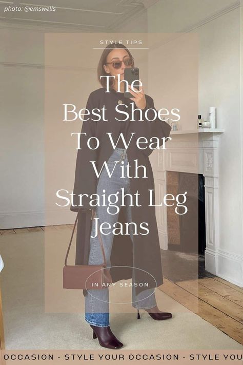 Wondering what shoes to wear with straight leg jeans? Or how to style straight leg jeans in general? Get tons of casual and modern straight leg jeans outfits to inspire you for spring, summer, for fall, and winter 2023, whether you are curvy or petite, you'll love these looks. And get inspo for outfits with boots, ankle boots, sneakers, flats, and heels for work or date night. The straight leg jeans aesthetic is so in right now! Straight Leg Jean With Ankle Boots, Straight Leg Jeans Outfits 2023, Casual Fall Sneaker Outfits, 2023 Boots Outfit, Shoes 2023 Fall, Levis 501 Straight Leg Outfit, Fall Straight Leg Jeans Outfit, Winter Shoes For Women 2023, Boots For Wide Leg Jeans