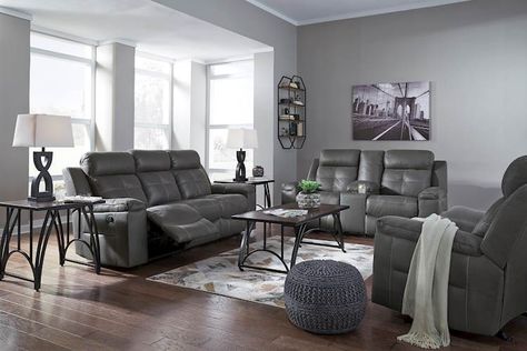 Perfect living room group for a theater room, that isn't a full time movie room.  Casual comfort for your family-space-turned-movie-room on special nights.  Looks great for every day! Leather Recliner Living Room, Grey Reclining Sofa, Ashley Sofa, Cheap Living Room Furniture, Living Room Recliner, Sofa Loveseat, Faux Suede Fabric, Living Room Leather, Living Room Set