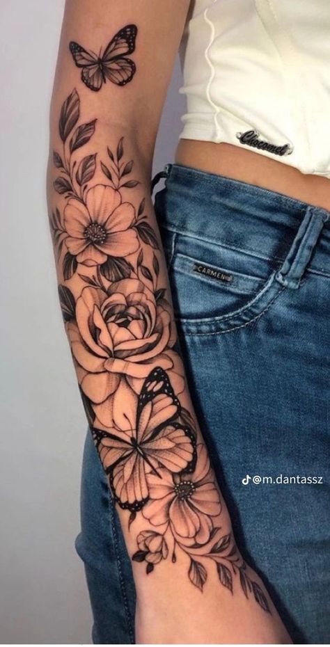 Indian Tattoo Design, Unique Butterfly Tattoos, Arm Sleeve Tattoos For Women, Beautiful Flower Tattoos, Unique Butterfly, Vine Tattoos, Forearm Tattoo Women, Gorgeous Tattoos, Flower Tattoo Sleeve