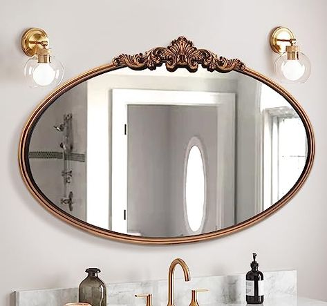 French Bathroom Decor Vintage, Brass Mirror Frame, Antique Brass Mirror, Mirror Over Fireplace, French Country Mirrors, French Bathroom Decor, Mirror For Entryway, Traditional Entryway, Victorian Style Bathroom