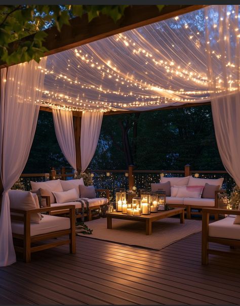 Cafe Lights Patio, Gazebo Drapes, Apartment Herb Gardens, Patio With Pergola, Patio Backyard Ideas, Interior Balcony, Tuscan Garden, Outdoor Fairy Lights, Designer Interior