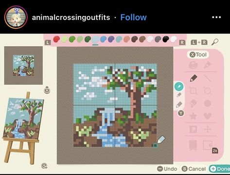 Animal Crossing Grid Design, 32 X 32 Pixel Art, Animal Crossing Outfits, Acnl Paintings, 32x32 Pixel Art Grid, Waterfall Painting, Animal Crossing New Horizon, Acnh Patterns, Motif Acnl