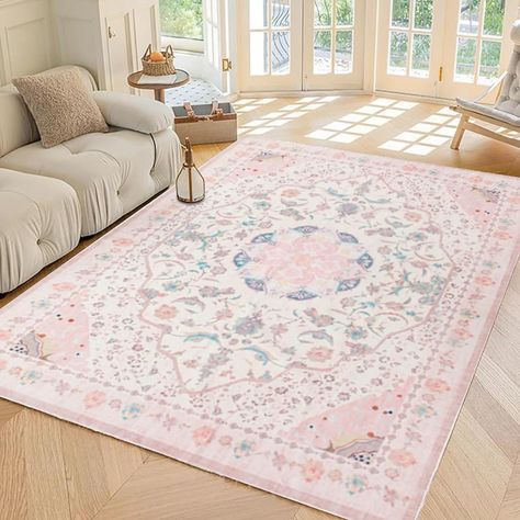 auruge Area Rug - Vintage 5x7 Non-Slip Backing Area Rugs Light Pink Soft Faux Wool Carpet Foldable & Machine Washable Rugs for Living Room Bedroom Dining Room Nursery Home Office Pink Rugs In Bedroom, Bedroom Photos, Princess Room, Rugs For Living Room, Bedroom Carpet, Machine Washable Rugs, Wool Carpet, Pink Rug, Washable Rugs