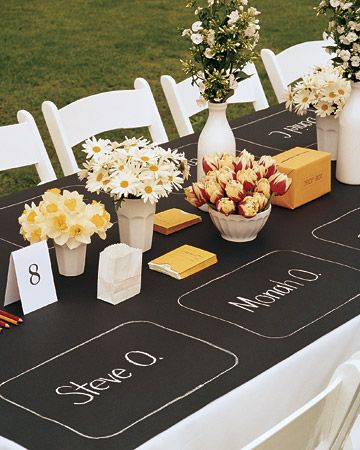 Una forma original de marcar los sitios en la mesa con papel pizarra Chalkboard Table Runner, Cloth Projects, Chalkboard Fabric, Chalkboard Table, Table Etiquette, Ideas Fiesta, Backyard Parties, Friendsgiving Party, Tafel Decor