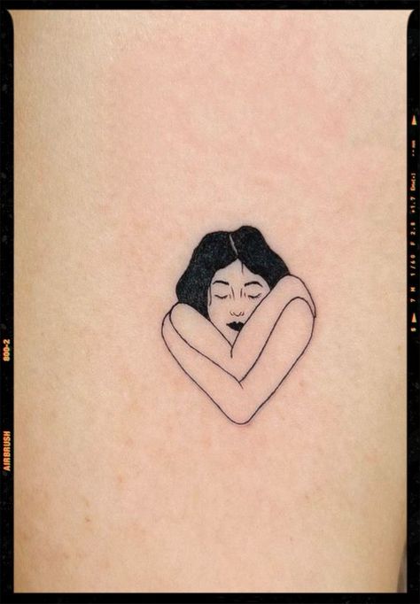 210+ Meaningful Self-Love Tattoo Designs (2023) - TattoosBoyGirl Non Attachment Tattoo, Self Hugging Tattoo, Hug Me Tattoo, Hugging Myself Tattoo, Heart Hug Tattoo, Self Hug Tattoo Minimalist, Girl Hugging Herself Tattoo, Hugging Yourself Tattoo, Self Hug Drawing