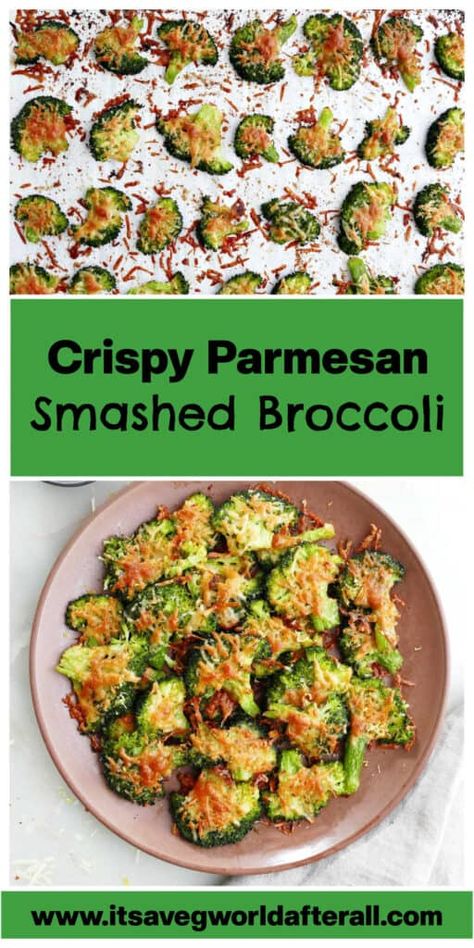 Smashed Broccoli with Parmesan Broccoli Chips, Smashed Broccoli, Parmesan Broccoli, Plant Based Recipes Easy, Healthy Vegetable Recipes, Parmesan Recipes, Garlic Seasoning, Baked Eggplant, Vegetable Side