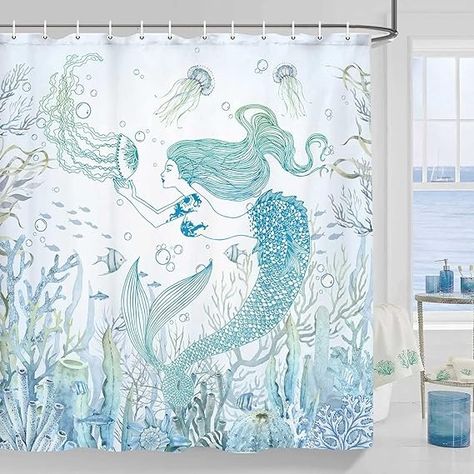 Amazon.com: Mermaid Shower Curtain for Bathroom, Starfish Coral Beach Ocean Decor Bath Curtains, Seashell Jellyfish Kids Cute Bathtub Decor Accessories with Hooks 69X72 inch, Teal : Home & Kitchen Cute Bathtub, Jellyfish Theme, Jellyfish Kids, Coral Reef Fish, Mermaid Shower Curtain, Ocean Octopus, Coral Beach, Reef Fish, Bathtub Decor