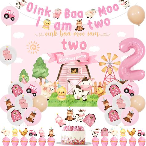 2 Nd Birthday Girl, 2nd Farm Birthday Party For Girl, Farm Theme 2nd Birthday Girl, Oink Quack Moo Birthday, Farm Theme Birthday Decorations, Farm Animal 2nd Birthday Party Girl, Girls Two Year Old Birthday Party Ideas, Oink Moo Cockadoodle Two, Oink Moo Cockadoodle Two Birthday