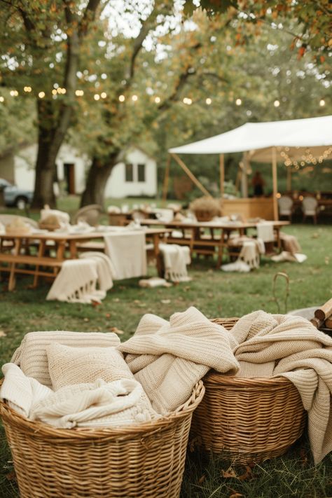 15 Budget-Friendly Backyard Wedding Ideas – Everyday Inspo Blankets Outdoor Wedding, Fall Backyard Wedding Ceremony, Rustic Tent Wedding Decorations, Outdoor Dinner Party Wedding, Backyard Reception Ideas Small, Fall Wedding In Woods, Fun Casual Wedding Ideas, Micro Wedding Picnic, Bonfire Wedding Reception Fall