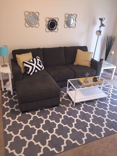 Small Living Room Ideas On A Budget, Small Living Room Couch Ideas, Small Apartment Living Room Ideas Cozy, Grey And Yellow Living Room, Living Room Decor On A Budget, Apartment Decorating Ideas, Apartment Decorating Living, First Apartment Decorating, Yellow Living Room