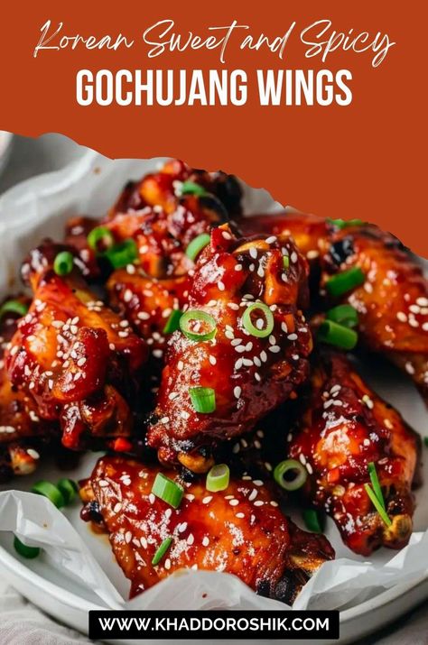 Get ready for a flavor explosion with these Gochujang Wings, where the vibrant tastes of Korea meet American comfort food. Coated in a sticky glaze made from gochujang, honey, soy sauce, and a medley of aromatic spices, these wings offer a delightful balance of sweet, spicy, and savory. Wrapped in a crispy coating, they're perfect as a finger snack or appetizer for any occasion. Whether you serve them as a starter or a side, their bold and irresistible flavor profile is sure to impress your guests. Sweet And Spicy Korean Sauce, Sweet Gochujang Sauce, Gochujang Wing Sauce, Gojuchang Wings, Korean Wing Sauce, Korean Wings Recipe, Korean Gochujang Recipes, Gochujang Wings Recipe, Korean Bbq Wings Recipe