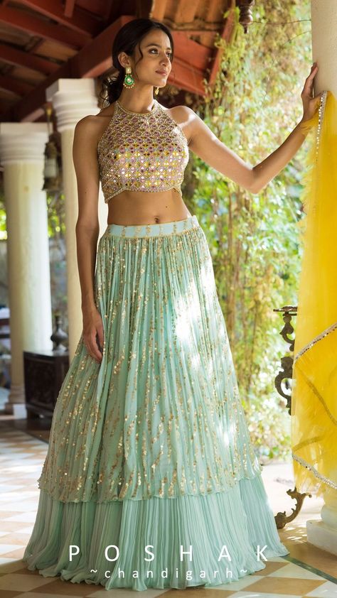 Designer Lehenga Choli Shop in Chandigarh Blue Sequin Lehenga, Mirrorwork Lehenga, डिजाइनर कपड़े, Halter Neck Blouses, Mirror Work Blouse, Green Lehenga, Blue Lehenga, Lehenga Blouse, Green Sequins