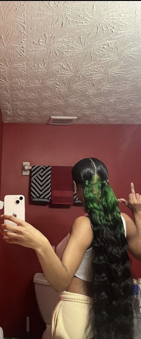 Green Peekaboo Braids, Green Braids For Black Women, Slick Back Curly Ponytail, Green Ponytail, Green Hairstyles, Green Braids, Side Ponytail Hairstyles, Slick Ponytail, Slicked Back Ponytail