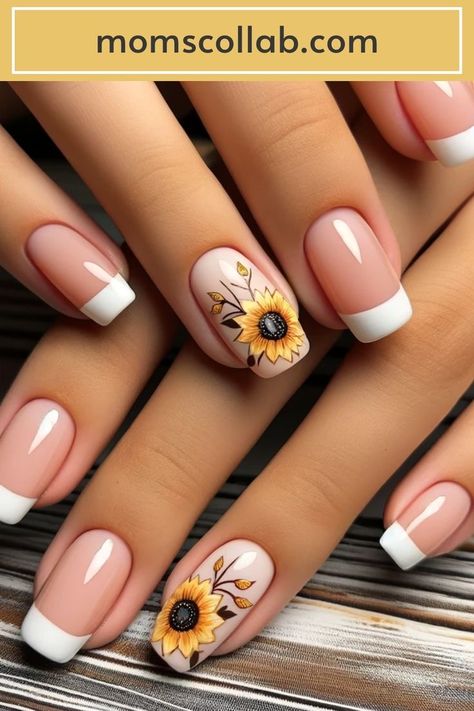 Wedding Sunflower Nails, Sunflower Wedding Nails The Bride, Sunflower Design Nails, Orange Sunflower Nails, Nails Sunflower Design, Sunflower Nails Design Short, Sunflower Wedding Nails, Biogel Nails, Sunflower Nails Design