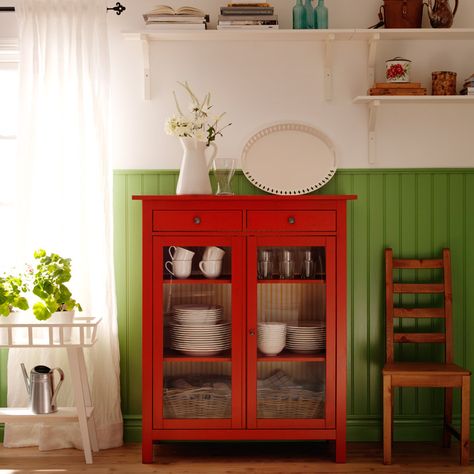 HEMNES red linen cabinet with tempered glass doors and EKBY HEMNES/EKBY STILIG white wall shelves Ikea Hemnes Cabinet, Coffee Table Inspiration, White Wall Shelves, Red Cabinets, Furnitur Ruang Keluarga, Ikea Hemnes, Tempered Glass Door, Linen Cabinet, Room Display