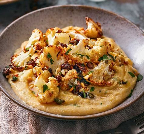 Polenta Recipes, Bbc Good Food, Dinner At Home, Bbc Good Food Recipes, Roasted Cauliflower, Food Magazine, Pine Nuts, Polenta, Vegetarian Dishes