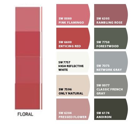 Rambling Rose Sherwin Williams, Victorian Pink Color Palette, Sw Fading Rose Paint, Sherwin Williams Framboise, Sherwin Williams Rose Embroidery, Sherwin Williams Insightful Rose, Rambling Rose, Paint Color Schemes, Grey Floral