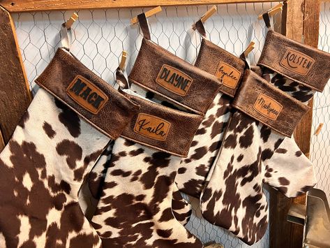 Cowhide Christmas Stockings - Etsy Canada Cow Print Christmas Stocking, Easy Cowhide Crafts, Farm Theme Christmas Decor, Western Stockings Christmas, Cowhide Stockings Christmas, Cow Print Home Decor, Diy Cowhide Projects, Cow Hide Crafts, Cow Hide Decor