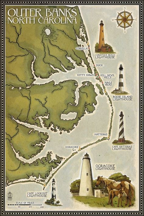 Ocracoke Lighthouse, North Carolina Lighthouses, North Carolina Art, Les Pogues, North Carolina Map, Hatteras Lighthouse, Cape Hatteras Lighthouse, Outer Banks North Carolina, Town Map