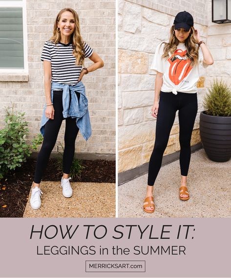 how to style black leggings in the summer How To Wear Black Leggings Summer, Summer Outfit Black Leggings, Mom Leggings Outfits Summer, Cute Summer Legging Outfits Casual, What To Wear With Black Leggings Summer, Casual Black Leggings Outfit Summer, Black Legging Summer Outfits, Cute Black Leggings Outfit Summer, Cute Summer Outfits With Leggings