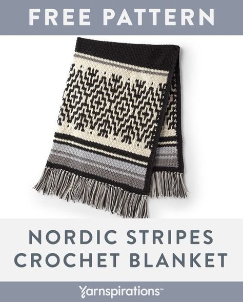 Free crochet pattern using Red Heart Heat Wave yarn. Free Nordic Stripes Crochet pattern. With easy stripes and challenging colorwork, this Nordic-inspired crochet blanket has enough variation to keep you interested as you work. #yarnspirations #freecrochetpattern #crochetblanket #crochetthrow #crochetlapghan #crochetafghan #redheartyarns #redheartyarn #heatwave #heatwaveyarn Mosaic Crochet Blanket, Apartment 2023, Crochet Mosaic, Crochet Valentine Patterns, Striped Crochet Blanket, Mosaic Crochet, Crochet Blanket Afghan, Valentines Crochet, Crochet Granny Square