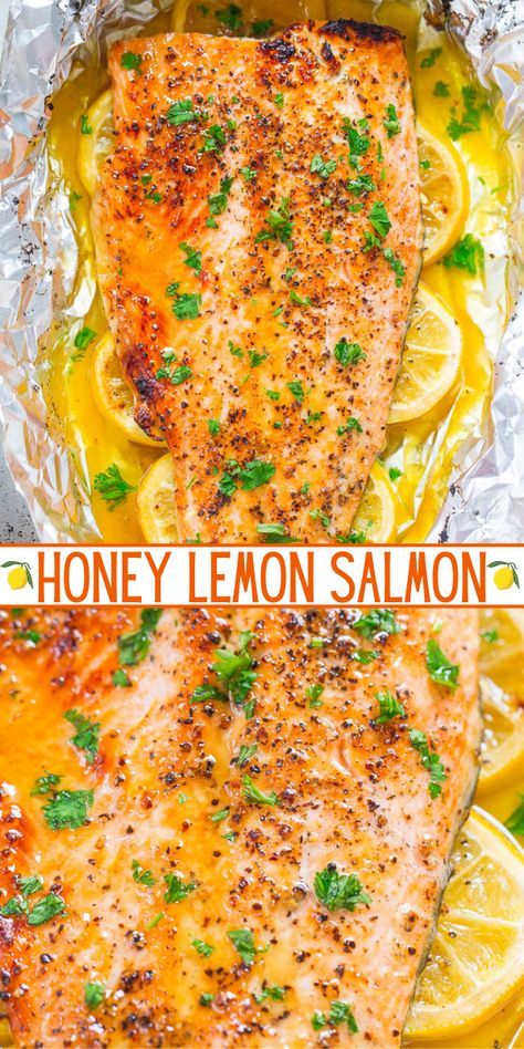 Quick & Easy Baked Honey Lemon Salmon - Averie Cooks Oven Baked Lemon Salmon, Oven Cooked Salmon Recipes, Easiest Way To Cook Salmon, Salmon Recipes For Non Fish Lovers, Lean Fish Recipes, Honey Salmon Recipes Baked, Cook Salmon In Oven, Baked Salmon Recipes Oven Easy, Garlic Lemon Salmon