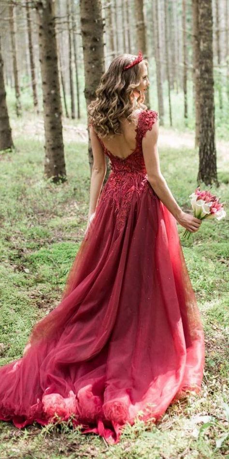 Coloured Wedding Gowns, Not White Wedding Dress Colour, Wedding Dresses Red, Burgundy Wedding Dress, Witchy Wedding, Red Wedding Gowns, Red Bridal Dress, Colored Wedding Dress, Red Wedding Dress