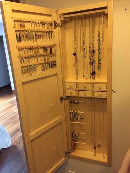 Concealed jewelry cabinet made of birch plywood Built In Jewelry Cabinet, Diy Jewelry Mirror, Redecorating Bedroom, Diy Jewelry Cabinet, Rustic Storage Cabinets, Jewelry Organizer Diy Wall, Plywood Projects, Jewelry Storage Diy, Simple Benches