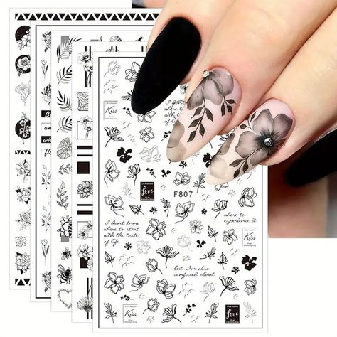 Spring Summer Flower Nail Art Stickers Decals Self adhesive - Temu Spring Flower Nail Art, Nail Art Fleur, Transparent Top, Black Nail Art, Nails Easy, Nail Art Stickers Decals, Manicure Tips, Nail Art Sticker, Flower Nail