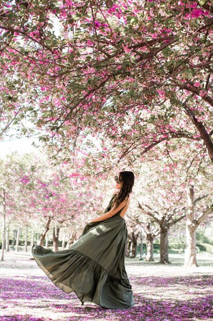 Cherry Blossoms :: Maxi dress Cherry Blossom Shoot, Cherry Blossom Photoshoot Outfit, Feminine Romantic Fashion, Sakura Photography, Blossom Photoshoot, Cherry Blossom Outfit, Wendy Nguyen, Photoshoot Moodboard, Silky Maxi Dress