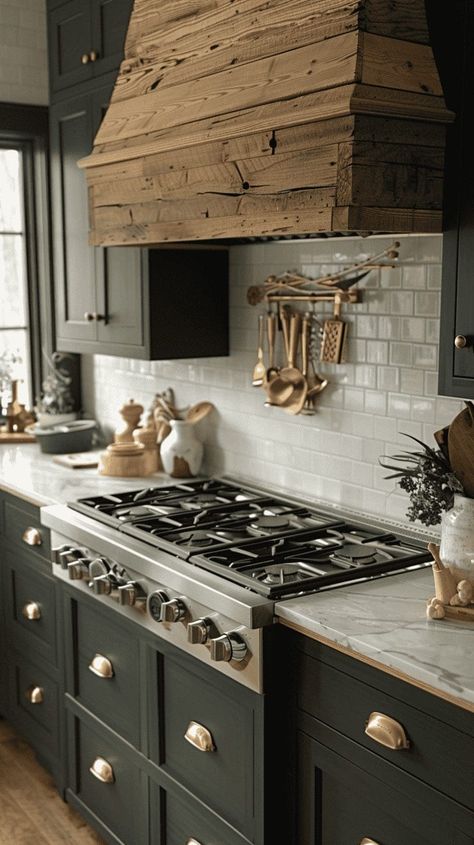 White Cabinets With Bronze Hardware, Dark Green Kitchen Ideas, Barndo House, Green Kitchen Ideas, Green Cabin, Dark Green Kitchen, Dark Countertops, Rustic Kitchen Cabinets, Subway Tile Kitchen