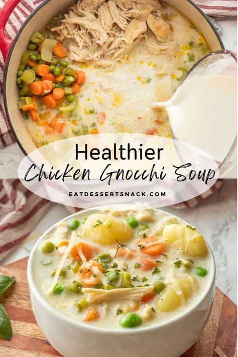 This is a creamy copycat chicken gnocchi soup with garlic, soft gnocchi, and tender veggies, made without cream. It's a healthy chicken soup recipe perfect for fall! Chicken And Gnocchi Soup Dairy Free, Chicken Noodle Gnocchi Soup, Chicken Gnocchi Soup Non Dairy, Chicken Gnocchi Recipes Soup, Gnocchi Chicken Noodle Soup, Chicken Spinach Gnocchi Soup, Chicken Gnocchi Soup Dairy Free, Crock Pot Chicken Gnocchi Soup, Chicken Soup With Gnocchi