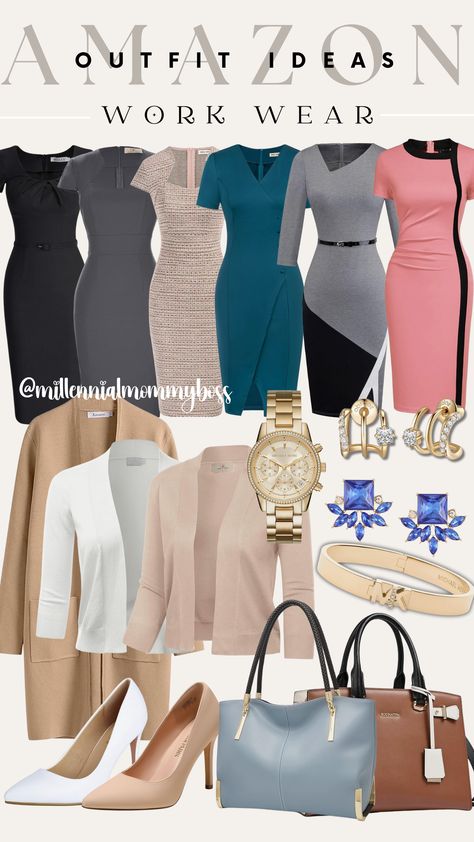 Dress to impress ✨This Work Wear Collection is now available on Amazon. Get yours today! Follow @millennialmommyboss for more work outfit ideas ❤️ #AmazonFinds #WorkWear #WorkOutfitIdeas Work Outfits Women Amazon, Work Dresses For Women Office Outfits, Crepe Short Gown Styles, Business Dress Outfits, Office Dresses Style, Neutral Color Dresses, Women Office Outfits, Work Outfit Ideas, Bodycon Outfits