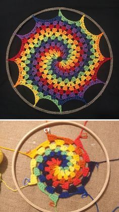 Crochet Rainbow Granny Spiral Sun Catcher. Crochet Dreamcatcher Pattern, Crochet Dream Catcher, Spiral Sun, Dream Catcher Patterns, Crochet Tree, Crochet Dreamcatcher, Crochet Rainbow, Dream Catcher Craft, Crocodile Stitch