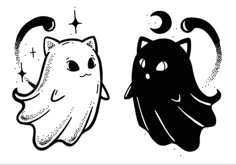 Simple Ghost Tattoo Ideas, Matching Ghost Cat Tattoos, Friendship Cat Tattoos, Bff Cat Tattoos, Spooky Friendship Tattoos, Gothic Matching Tattoos For Best Friends, Kawaii Ghost Tattoo, Goth Friend Tattoos, Emo Best Friend Tattoos