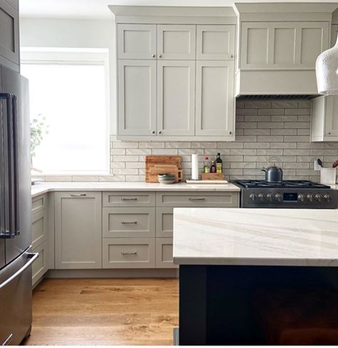 Should I Paint My Oak Cabinets or Keep them Stained? A Questionnaire Revere Pewter Cabinets, Pewter Cabinets, Revere Pewter Kitchen, Moore Kitchen, Kylie M Interiors, Revere Pewter Benjamin Moore, Kitchen Cabinet Inspiration, Reliable Sources, Cabinet Paint Colors