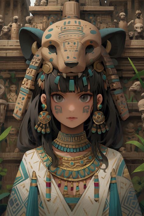 Aztec Anime Priestess: Explore the enchanting fusion of ancient culture and anime art through this captivating illustration! Aztec Anime, Aztec Character Design, Anime Priestess, Aztec Character, Anime Woman, Anime Art, Character Design, Anime, Design