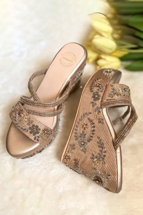 Gold and antique strappy open toe wedges with floral zardozi embroidery. - Aza Fashions Wedding Wedges, Zardozi Embroidery, Floral Wedges, Antique Floral, Buy Gold, Hijab Tutorial, Beaded Bags, Aza Fashion, Silk Fabric