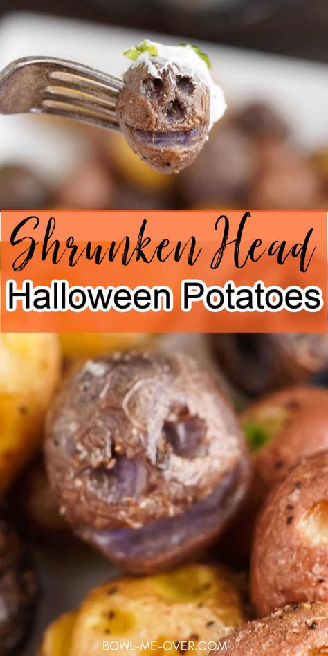 Halloween Potatoe Ideas, Shrunken Potato Heads, Halloween Green Beans, Shrunken Head Potatoes, Halloween Dinner Side Dishes, Halloween Potato Recipes, Spooky Potatoes, Halloween Potatoes, Halloween Side Dishes