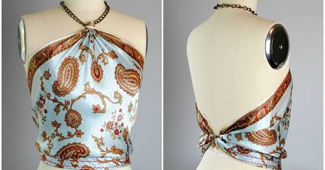 Update a scarf into a lux halter top with this quick under 5 minute tutorial. You can do the "no sew" knotted option (white dress ... Sarong Ideas, Easy Sew Dress, Trash To Couture, Scarf Blouse, Sew Dress, Recycled Dress, Diy Chain, Chain Scarf, Fabric Scarf