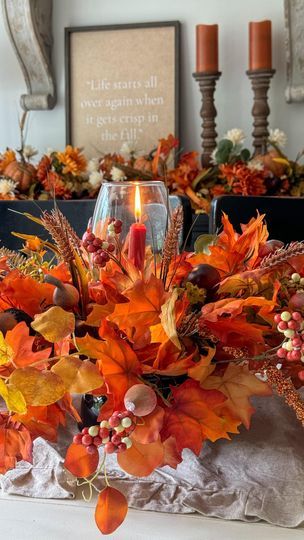 Glass Vase Fall Decor Ideas, Dollar Tree Plates, Centerpiece With Candles, Fall Candle Centerpieces, Candle Centerpiece, Fall Table Centerpieces, Holiday Hack, Dollar Tree Fall, Fall Candle