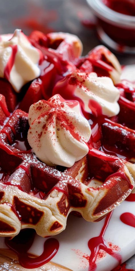 Red Velvet Marble Waffles [20 Minutes] - Chasety Waffles Photography, Waffles With Chocolate, Classic Waffle Recipe, Red Velvet Waffles, Dessert Waffles, Cream Cheese Glaze, Brunch Recipe, Food Therapy, Cream Cheese Icing