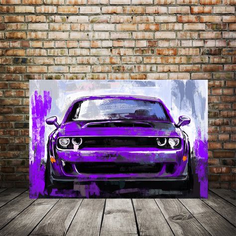 Purple Challenger, Challenger Dodge, Challenger Rt, Boy Room Art, Car Artwork, Automotive Decor, Garage Art, Art Painting Gallery, Man Cave Garage