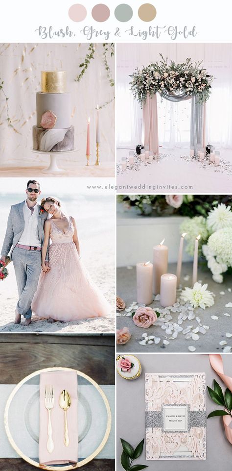 romantic blush, grey and light gold wedding party color ideas Party Color Ideas, Gold Wedding Party, Blush And Grey Wedding, Pink Grey Wedding, Grey Wedding Theme, Blush Wedding Colors, Popular Wedding Colors, Pink Wedding Colors, Wedding Parties Colors