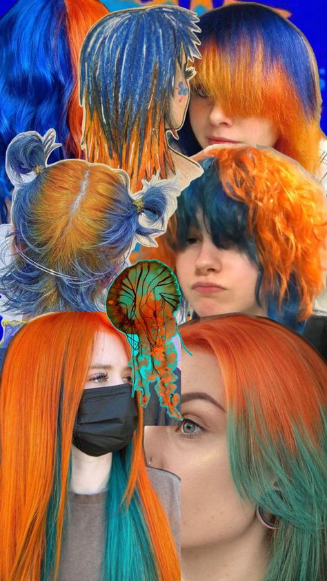 Orange And Blue Hair Ideas, Ginger And Turquoise Hair, Red Rainbow Hair, Red And Blue Hair Color, Blue And Ginger Hair, Blue Orange Hair, Multicolor Hair Ideas, Orange And Teal Hair, Orange Blue Hair