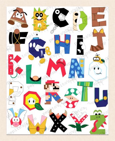 Alphabet Wall Art - Super Mario Bros. ABCs Mario Bedroom, Super Mario Room, Mario Crafts, Super Mario Bros Party, Spongebob Birthday Party, Mario Bros Birthday, Mario Bros Party, Super Mario Birthday Party, Spongebob Birthday