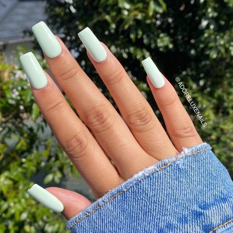 Solid Color Easter Nails, Mint Square Nails, Acrylic Nails Xl Square, Nails Acrylic Plain Colors, Plain Nails Acrylic, Medium Length Square Nails, Plain Color Nails, Nail Length And Shape, Plain Acrylic Nails